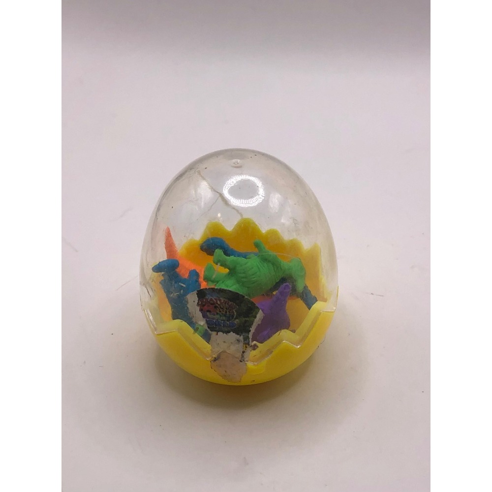 Vintage Miniature Dinosaur Eraser Set in Plastic Egg 6 Piece Multi Color